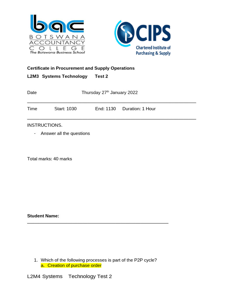 L2M4 System Technology Test 2 | PDF | Procurement | Supply Chain