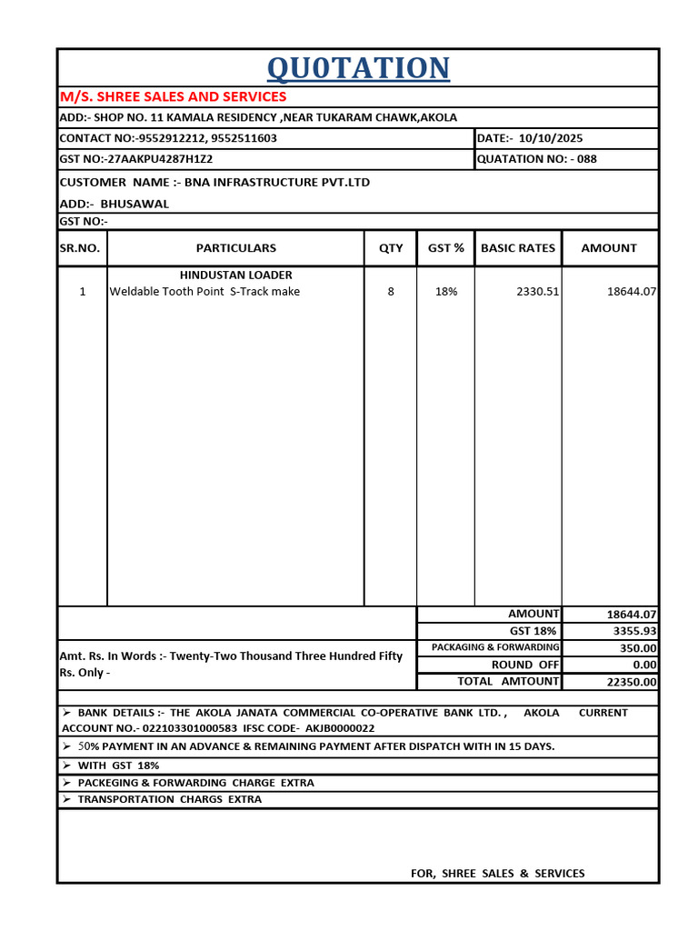 088) Quotation For The Tooth Point of Hindustan Loader Machine To Bna ...