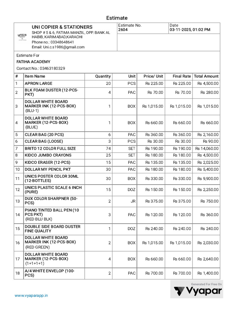 Invoice Estimate for Fatiha Academy | PDF | Color | Visual Perception
