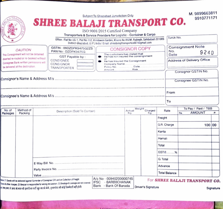 Shree Balaji Transport Consignment Note | PDF | Cargo | Freight Transport