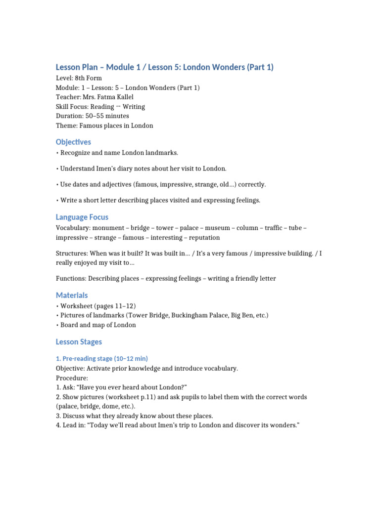 London Wonders Lesson Plan for 8th Form | PDF | Vocabulary | Reading ...