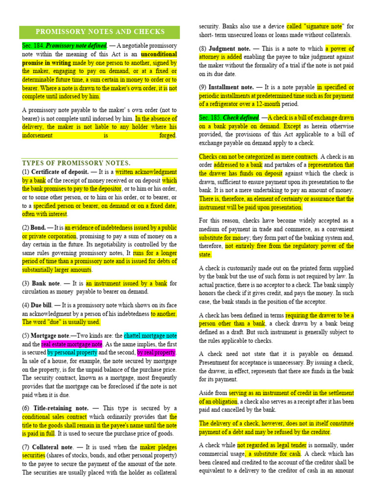 Understanding Promissory Notes & Checks | PDF | Cheque | Negotiable ...
