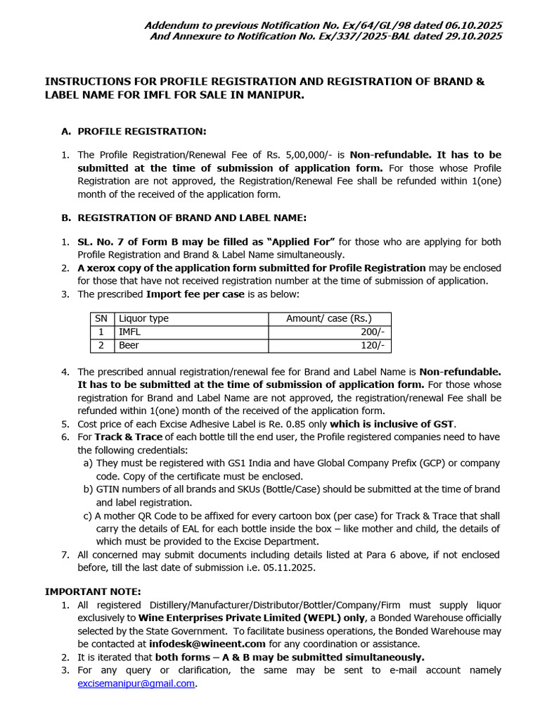 IMFL Brand Registration Guidelines for Manipur | PDF
