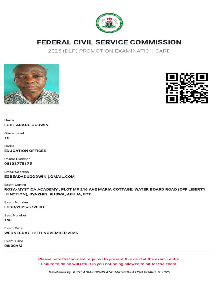 Federal Civil Service Commission: 2025 (DLP) Promotion Examination Card ...