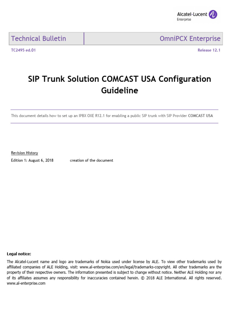 Comcast USA SIP Trunk Setup Guide | PDF | Session Initiation Protocol ...