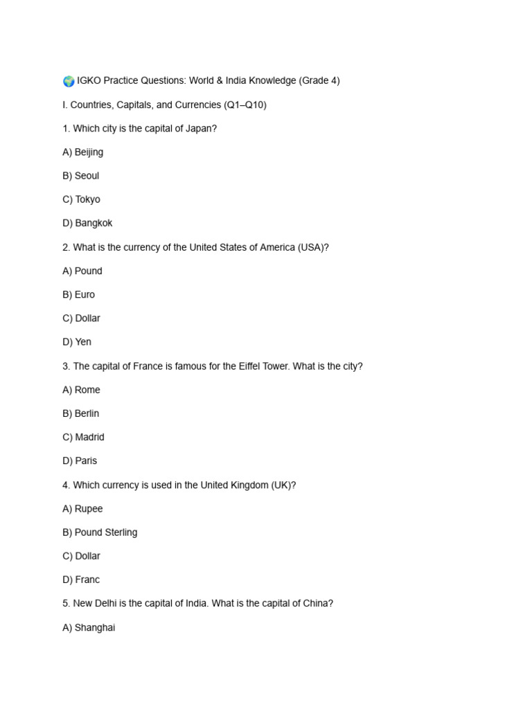 IGKO Grade 4 World & India Quiz | PDF | Asia | Continent