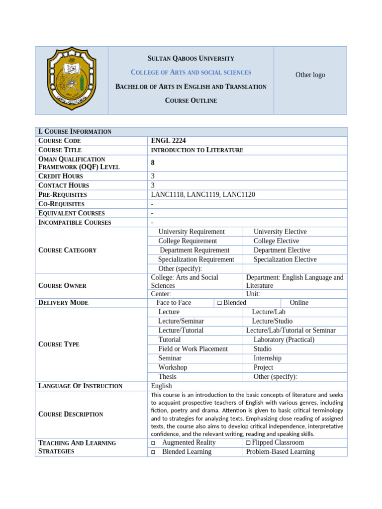 Introduction to Literature Course Outline | PDF | Lecture | Translations