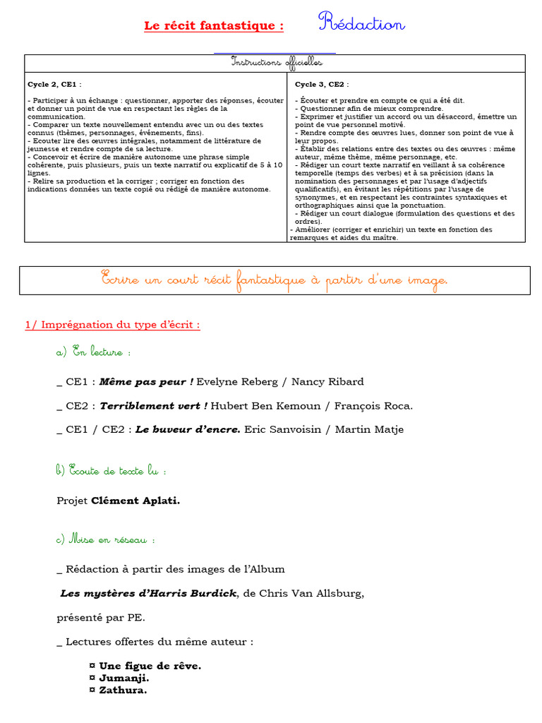 Rédaction d'un récit fantastique en classe | PDF