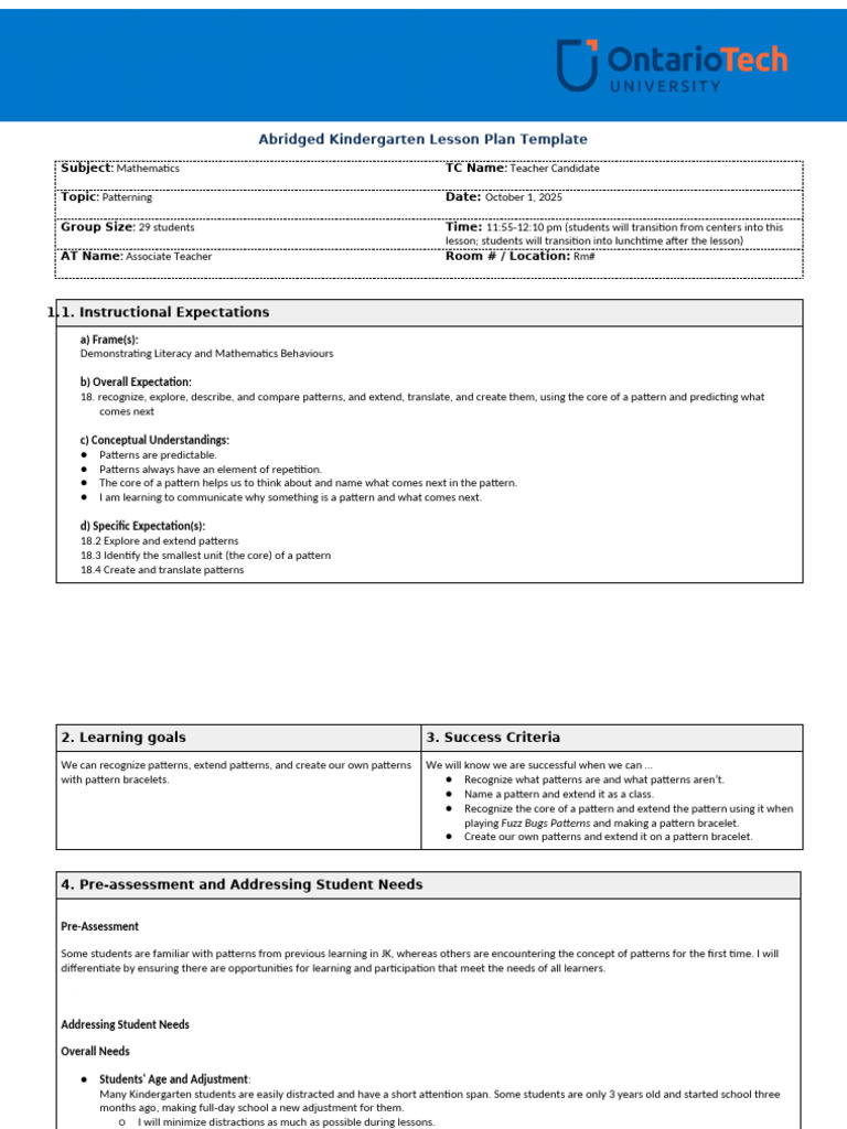 Kindergarten Patterning Lesson Plan | PDF | Critical Thinking | Learning