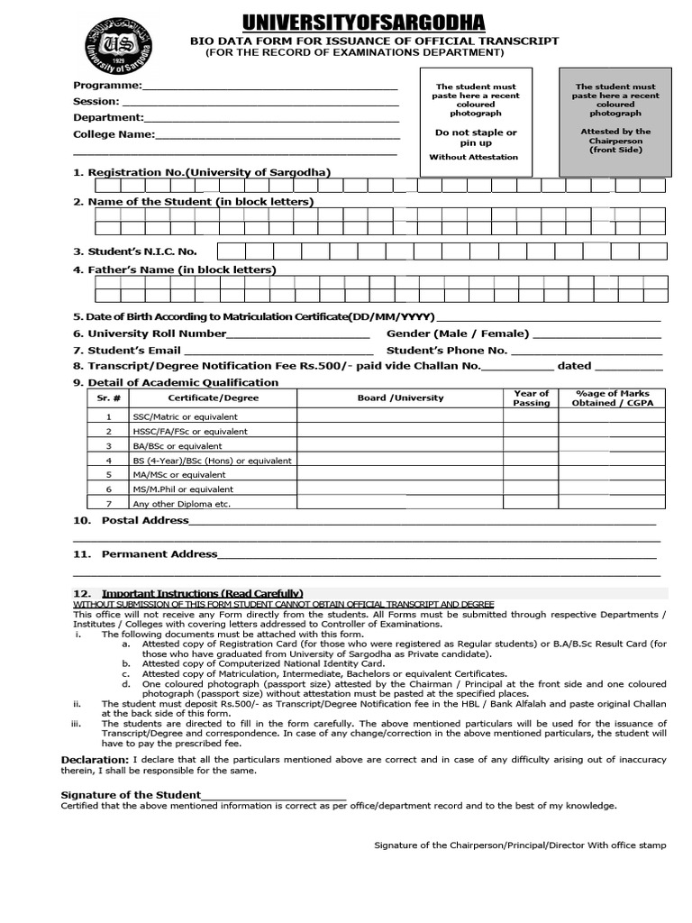 University of Sargodha Transcript Form | PDF | Bachelor Of Science ...