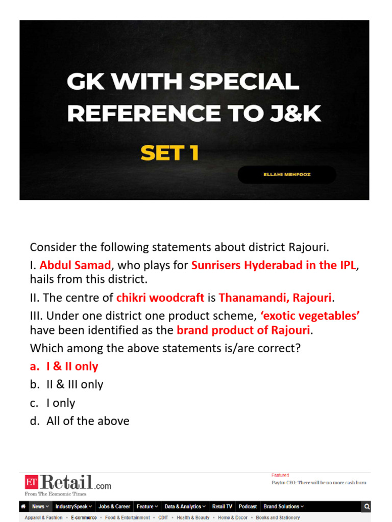 GK With Special Reference To J&K Practice Sets Compiled File 1 | PDF