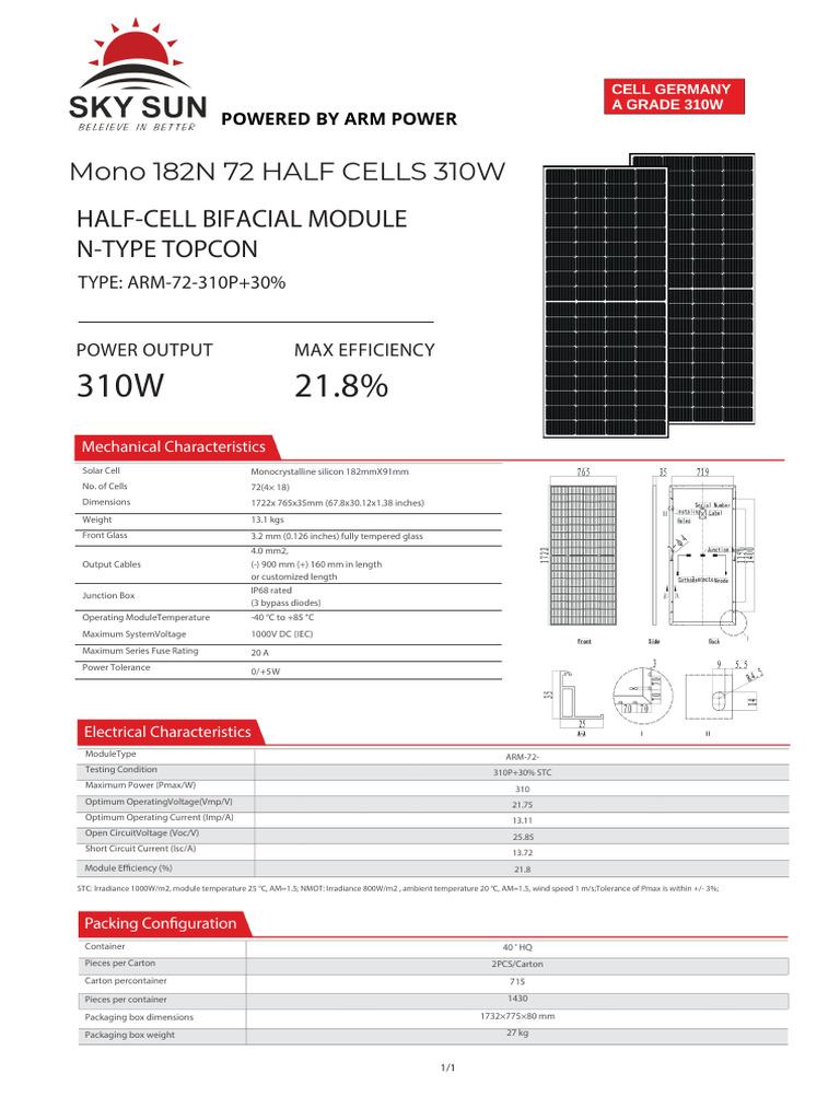 310W Monocrystalline Solar Panel Specs | PDF | Solar Cell | Semiconductors