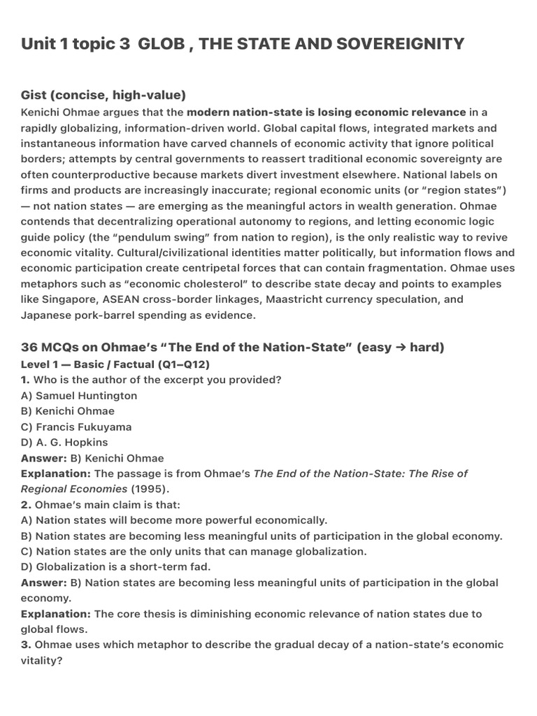 Unit 1 Topic 3 GLOB, THE STATE AND SOVEREIGNITY | PDF | Globalization ...