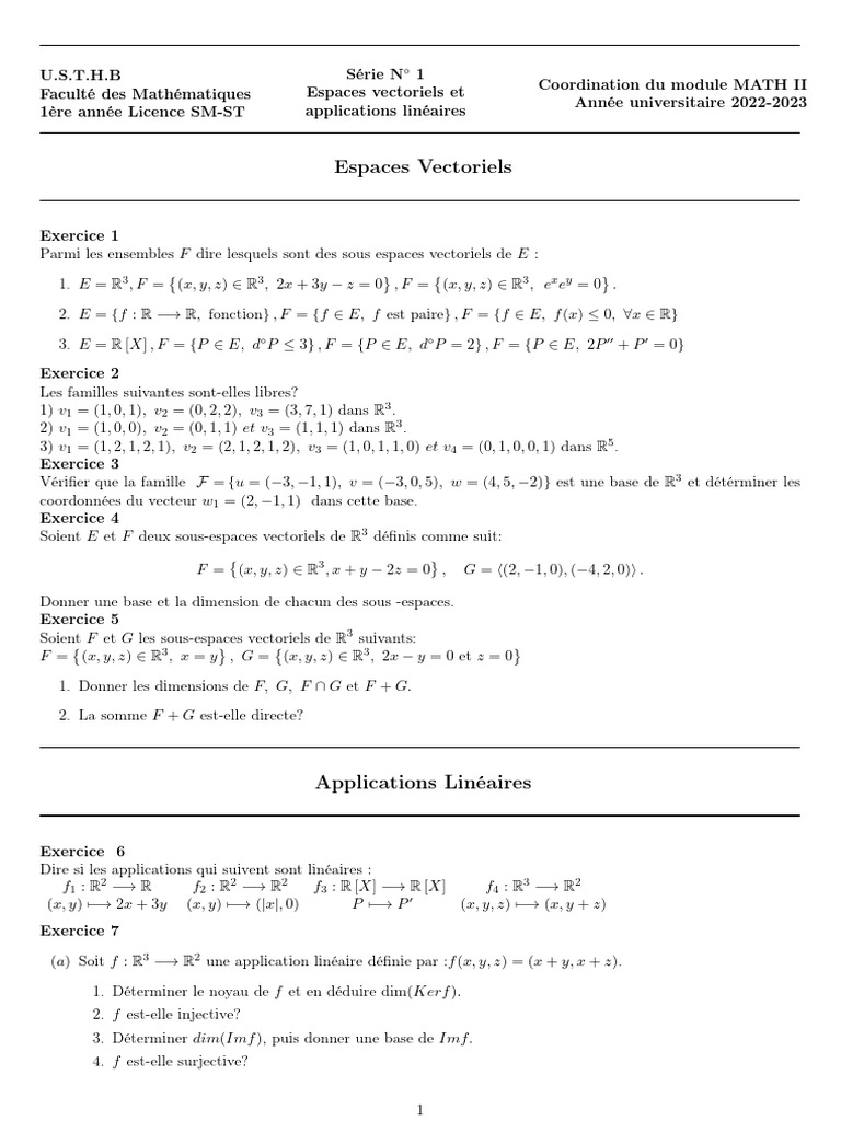 Exercices sur Espaces Vectoriels et Applications Linéaires | PDF ...