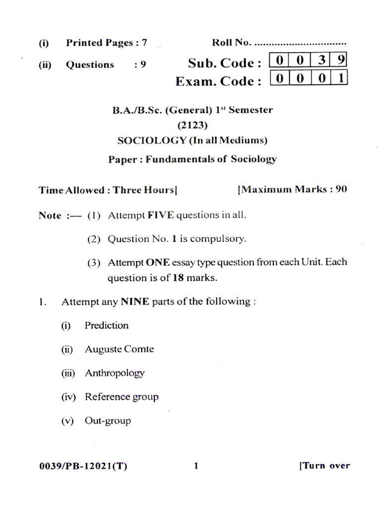 BA BSC General 1st Sem Sociology Paper Fundamentals of Sociology ...