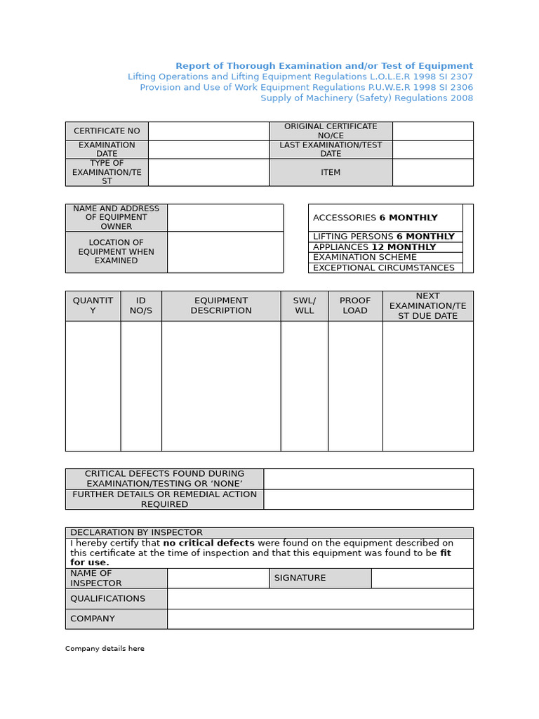 Lifting Equipment Examination Report | PDF