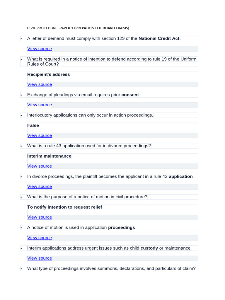 Civil Procedure Exam Preparation Guide | PDF | Common Law | Separation ...