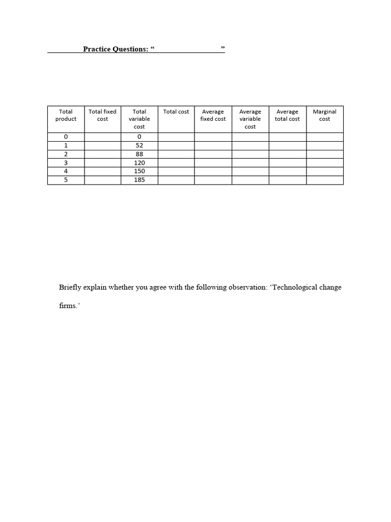Costs of Production Practice Questions | PDF | Marginal Cost | Average Cost