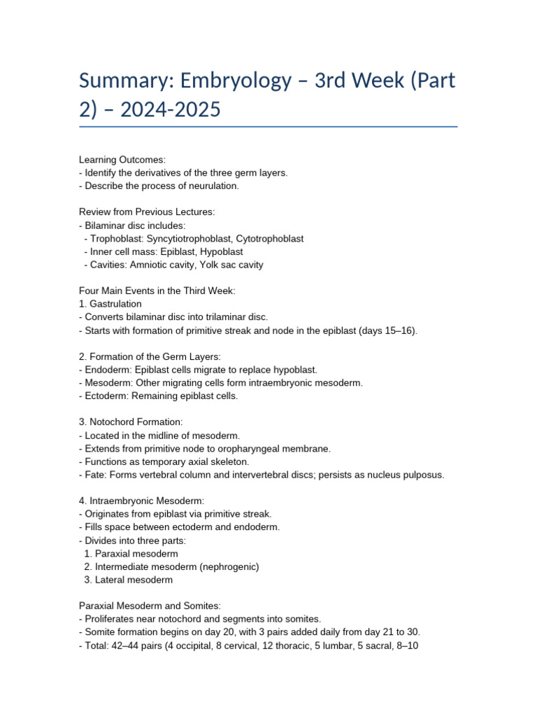 Embryology 3rd Week Part2 Summary | PDF | Anatomy | Developmental Biology
