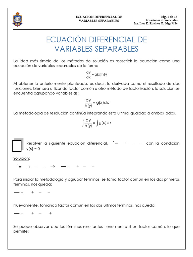 Ecuaciones Diferenciales: Variables Separables | PDF | Ecuaciones ...
