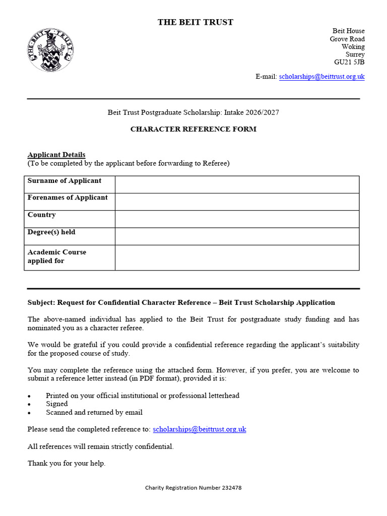 Beit Trust Scholarship Character Reference Form | PDF
