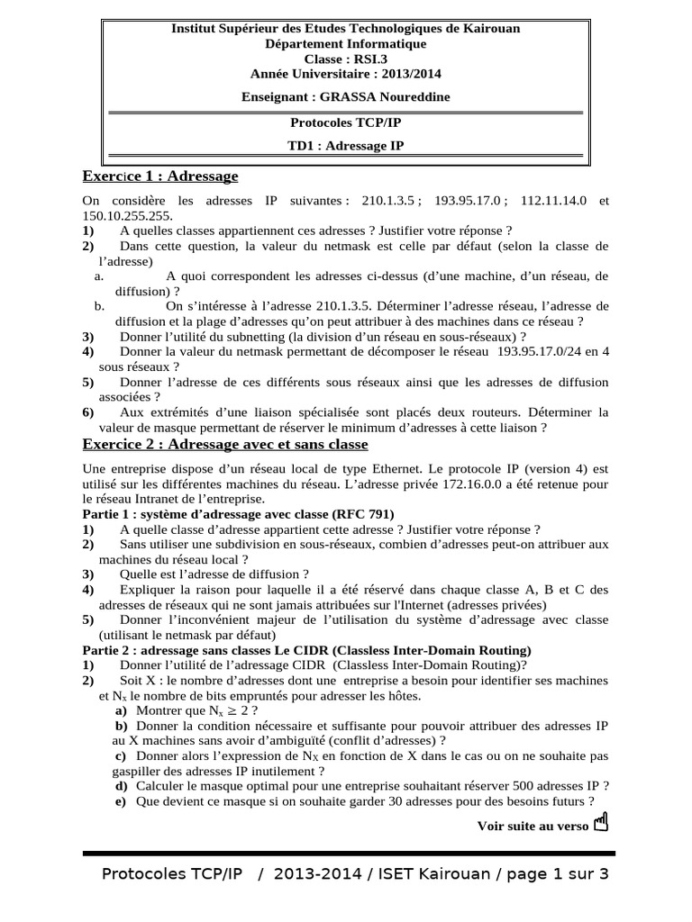 Adressage IP et sous-réseaux en TCP/IP | PDF | Adresse IP | Protocoles ...