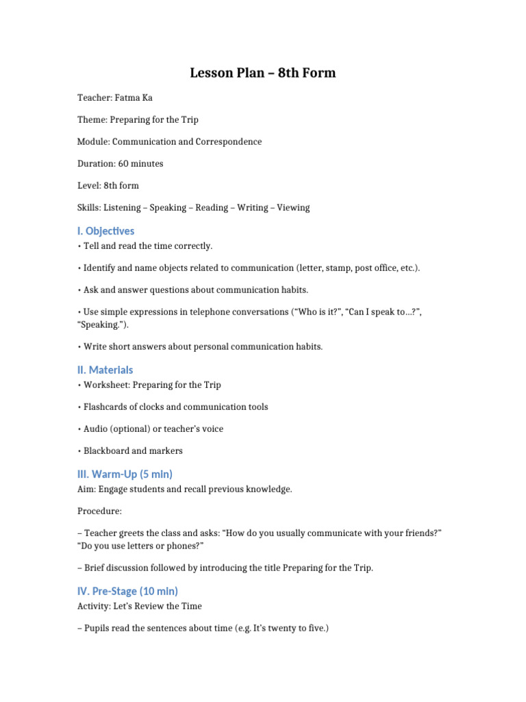 Lesson Plan 8th Form Preparing for the Trip Fatma Ka (1) | PDF ...