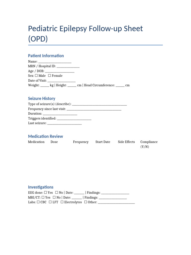 Pediatric Epilepsy Follow-up Form | PDF