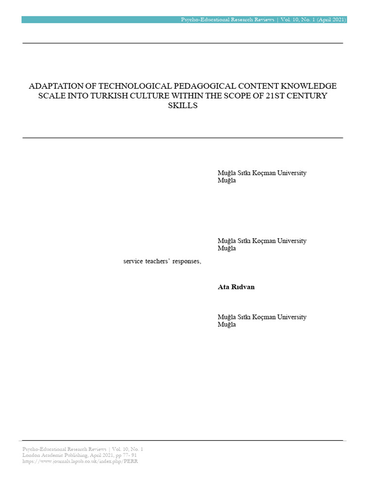 Turkish TPACK Scale Adaptation Study | PDF | Teachers | Learning