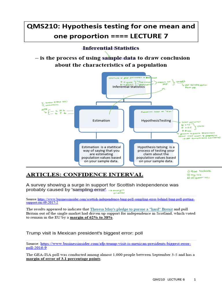 Qms210 Hypothesis Testing For One Population Winter 2023 Pdf Type I