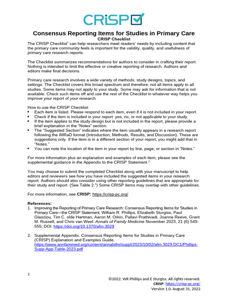 CRISP Checklist for Primary Care Research | PDF