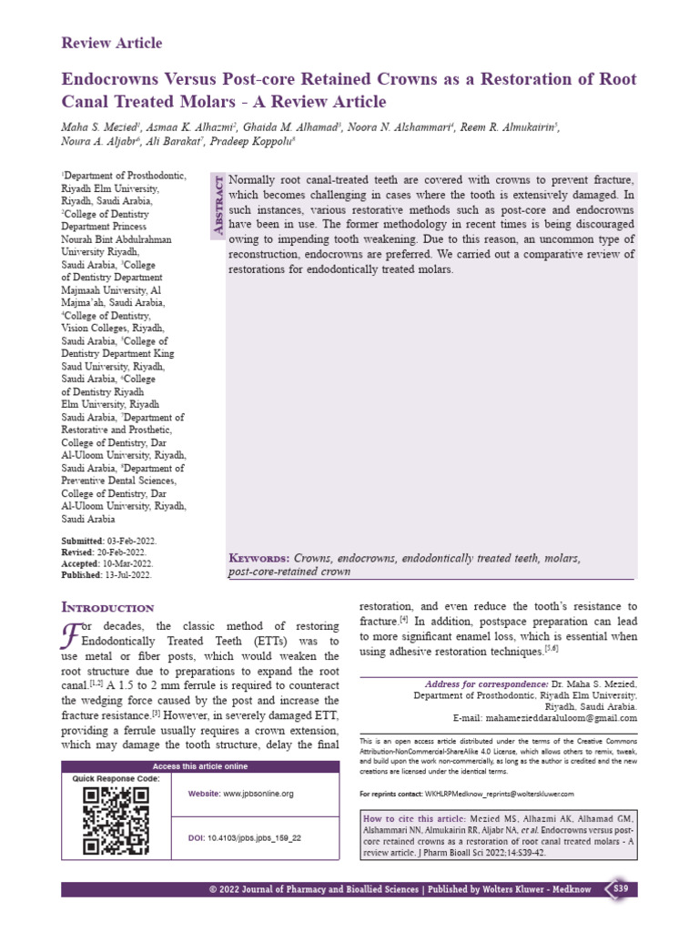 Endocrowns vs Post-core Crowns Review | PDF | Dentistry | Dental Anatomy