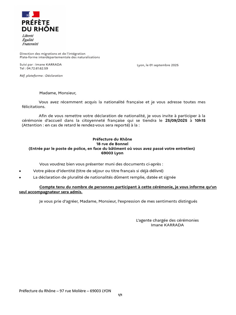 Invitation à la cérémonie de naturalisation | PDF