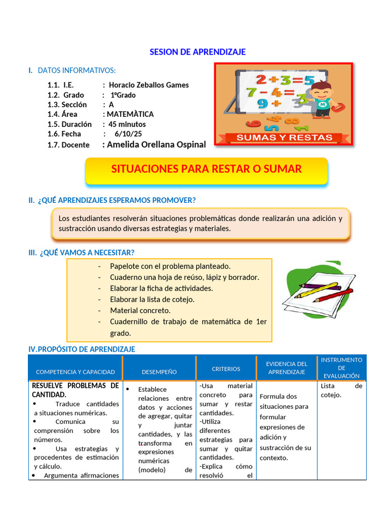 Aprendizaje de Matemáticas en 1° Grado | PDF | Sustracción | Aprendizaje
