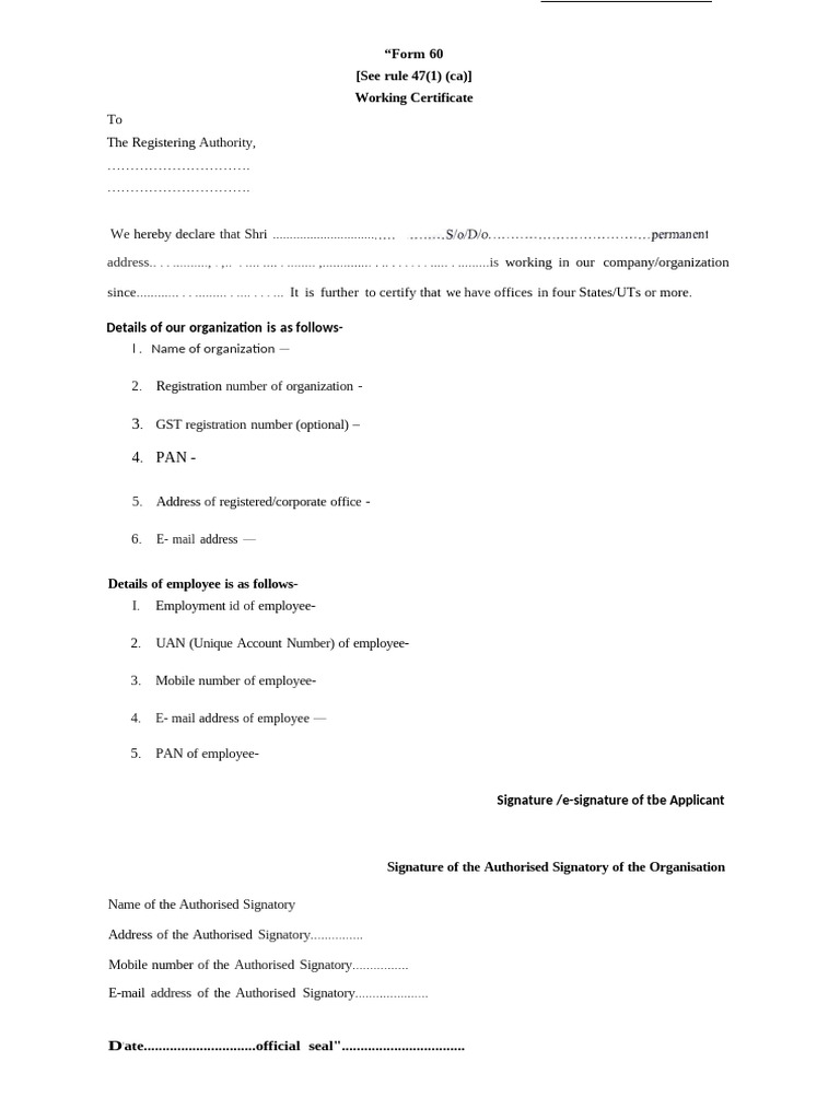 Form 60 Working Certificate Template | PDF