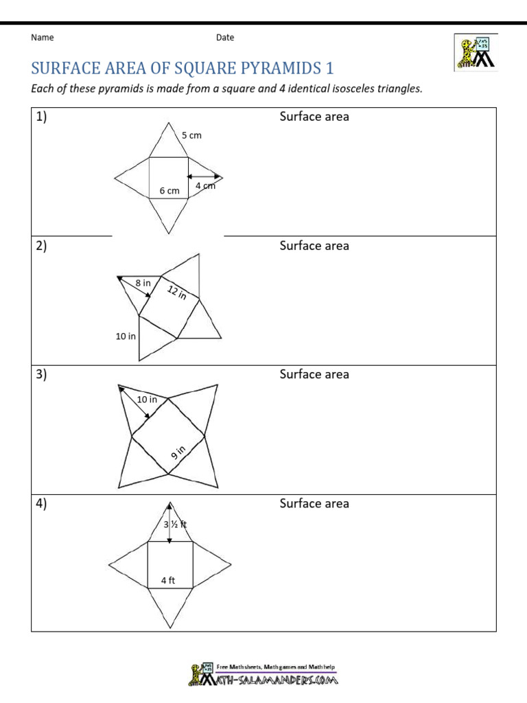 Surface Area of Square Pyramids Worksheet | PDF