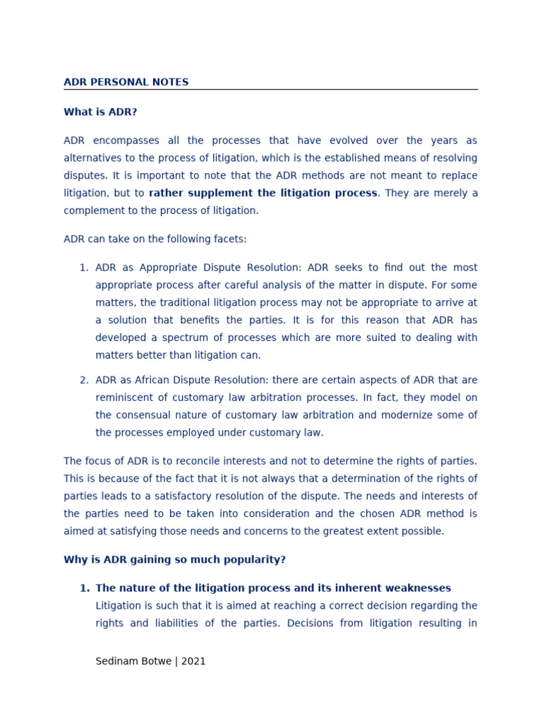 ADR PERSONAL NOTES | PDF | Alternative Dispute Resolution | Negotiation