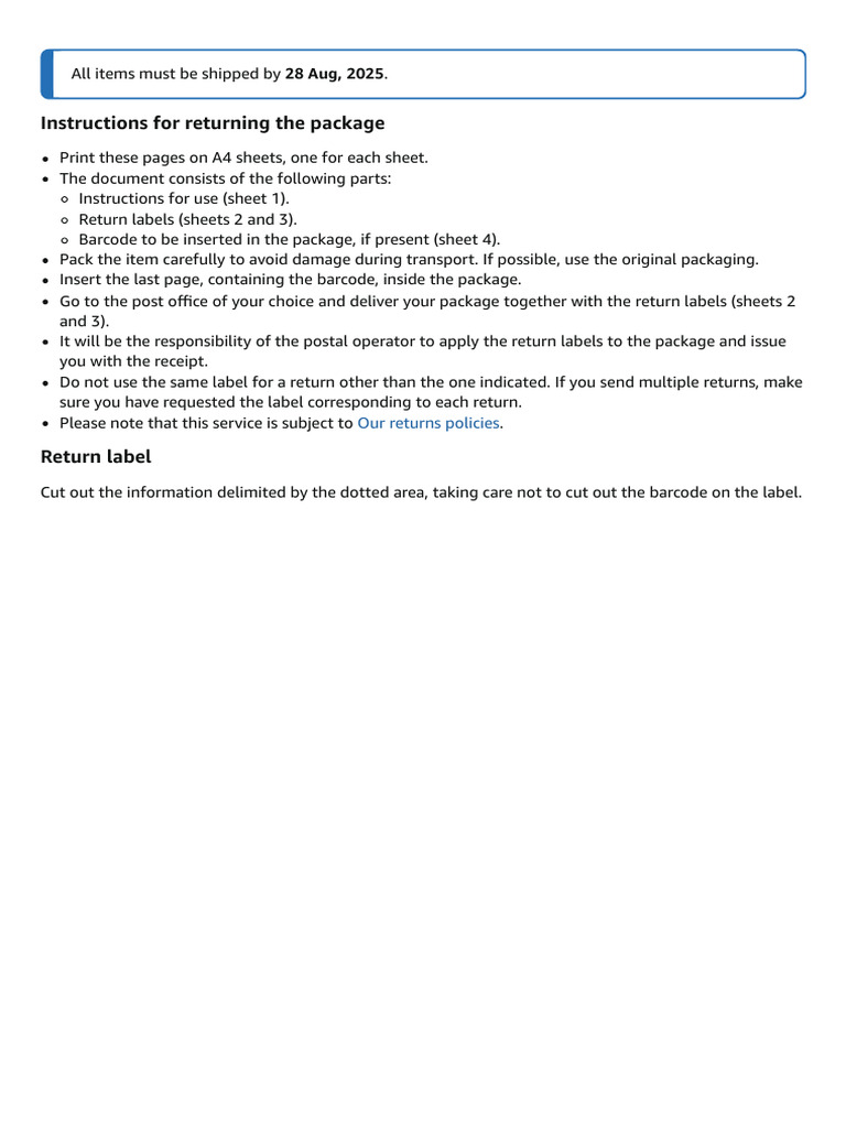 Package Return Instructions and Labels | PDF