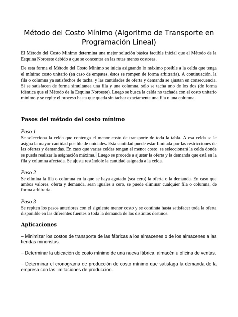 Método del Costo Mínimo en Transporte | PDF | Programación lineal