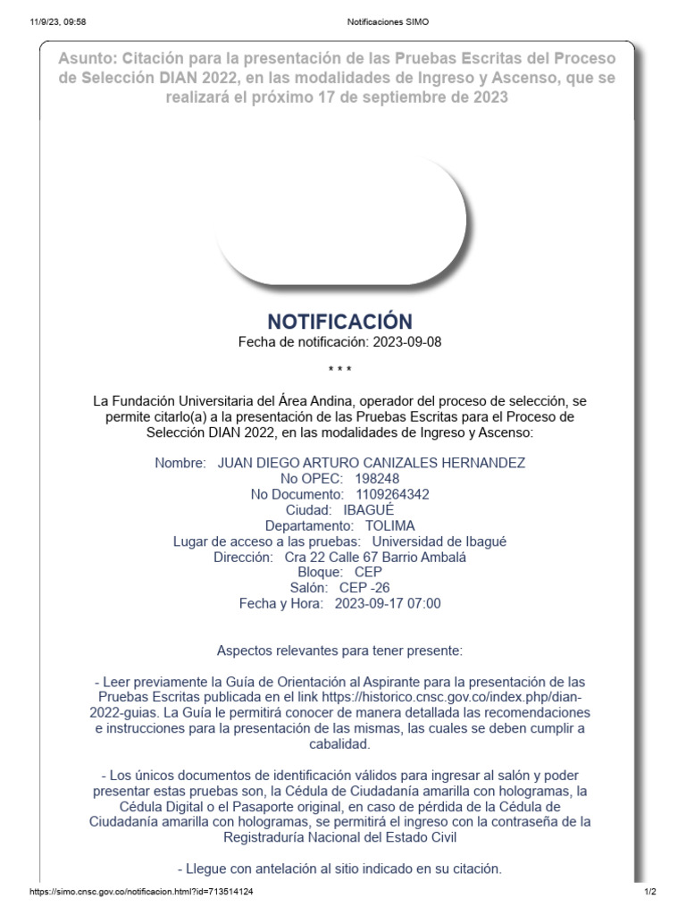Citación Pruebas Escritas DIAN 2022 | PDF