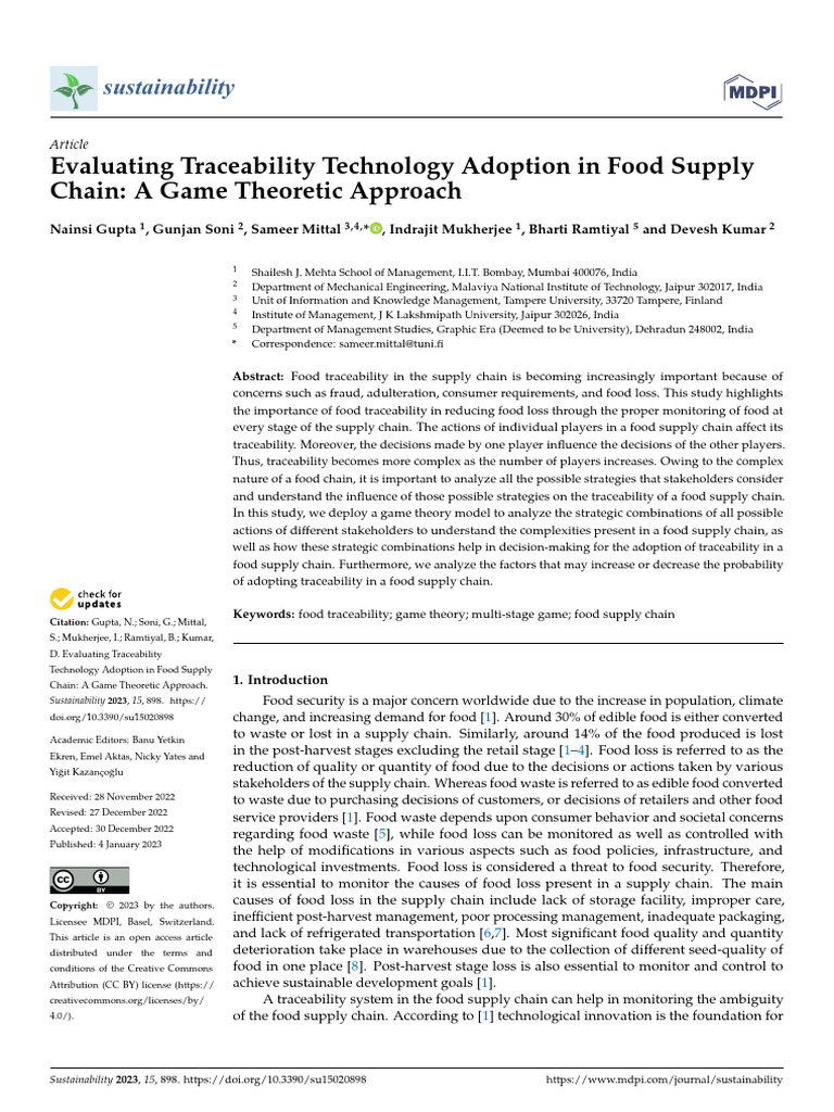 Evaluating Traceability Technology Adoption in Food Supply Chain A Game ...