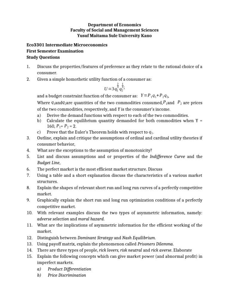 Intermediate Microeconomics Exam Study Guide | PDF