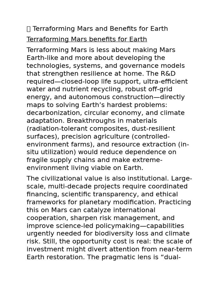 Benefits of Terraforming Mars for Earth | PDF