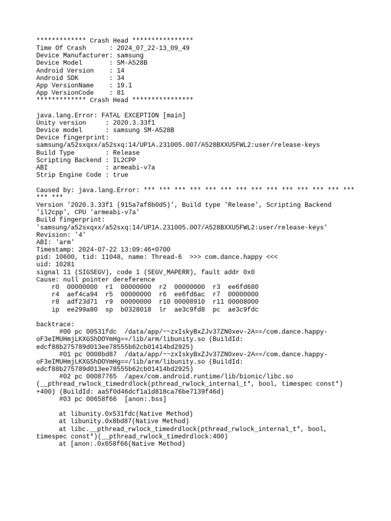 Samsung Crash Report: Unity Error 2024 | PDF