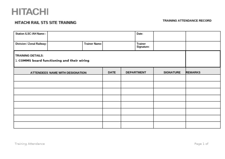 Hitachi Rail Training Attendance Record | PDF