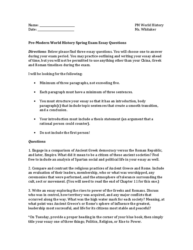 Pre-Modern World History Spring Exam Essay Questions | PDF