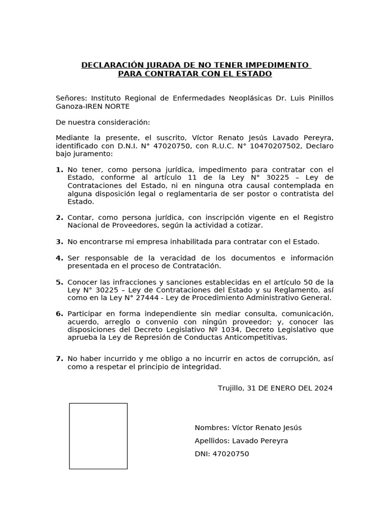 DeCLARACION JURADA - No Impedimento Con El Estado | PDF