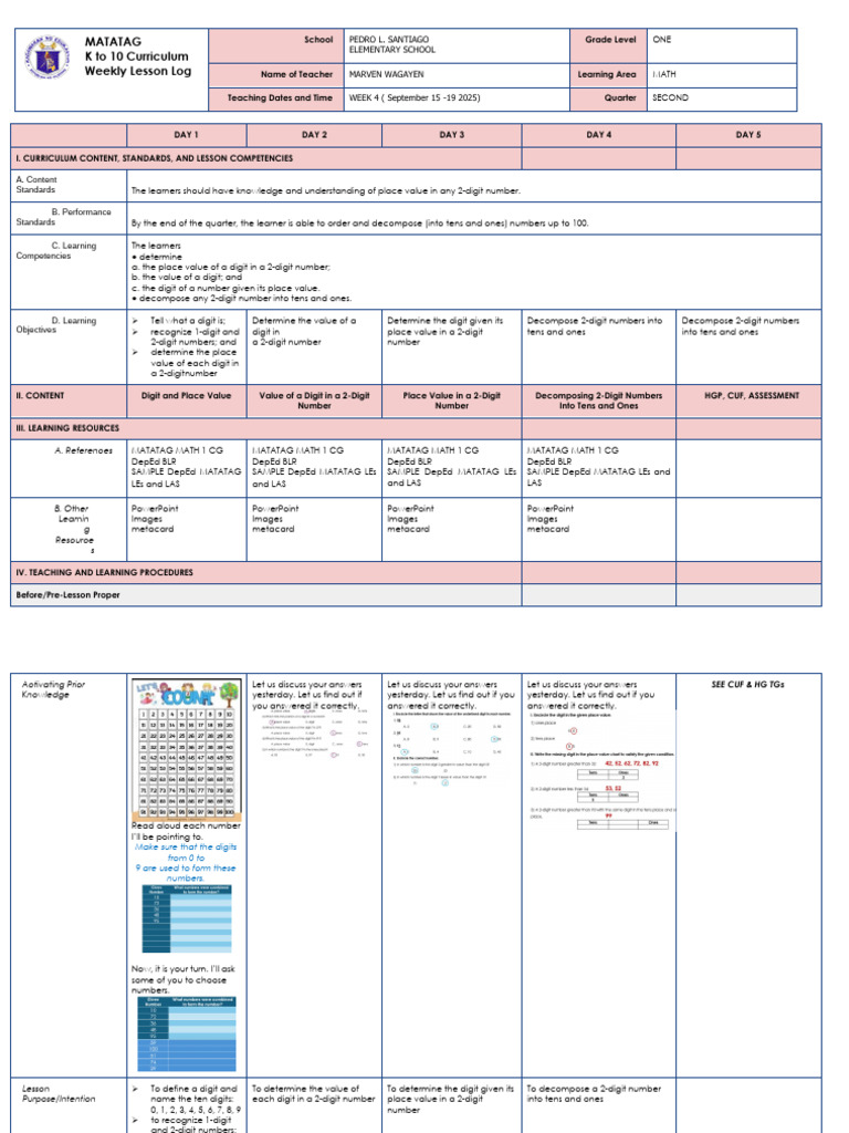 Grade 1 Math Weekly Lesson Plan | PDF | Curriculum | Learning