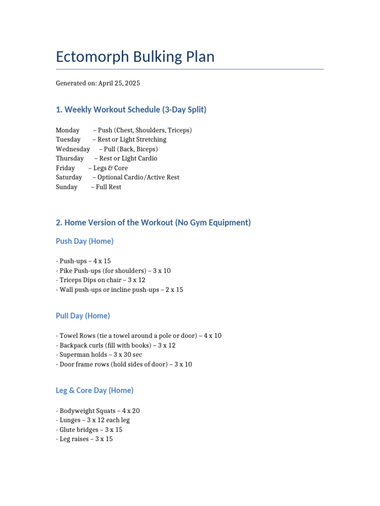 Ectomorph Bulking Workout & Meal Plan | PDF