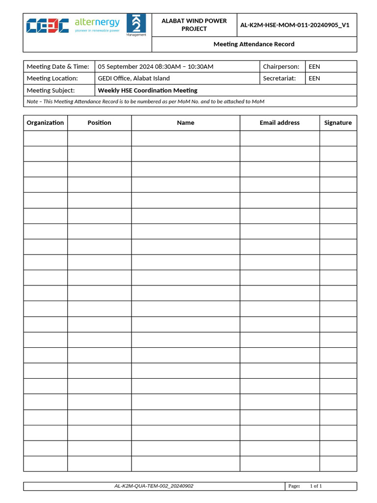 AL K2M HSE MOM 011 20240905 Meeting Attendance Record V1 e14332a8 c754 ...
